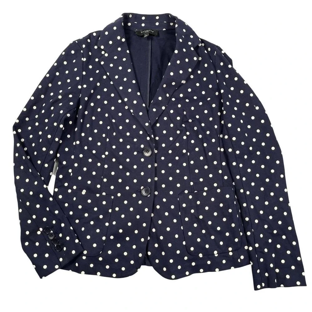 Talbots Blazer Petite Small SP Navy White Polka Dot Cotton Blend Unstructured‎